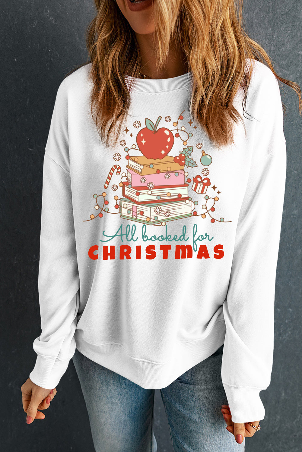 Christmas Crew Neck Apple Book Pattern Pullover Sweatshirt