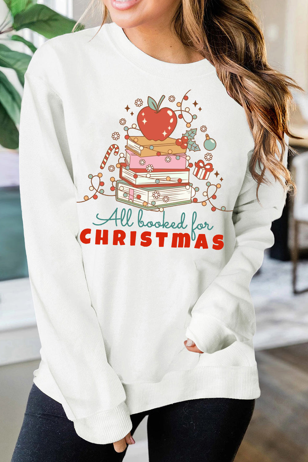 Christmas Crew Neck Apple Book Pattern Pullover Sweatshirt