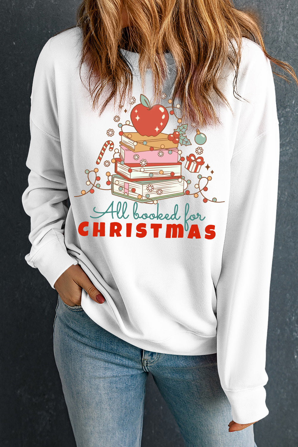 Christmas Crew Neck Apple Book Pattern Pullover Sweatshirt