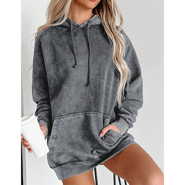 Gray Mineral Wash Kangaroo Pocket Drawstring Pullover Hoodie