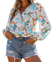 Sky Blue Floral Print Wrap Long Sleeve Bodysuit