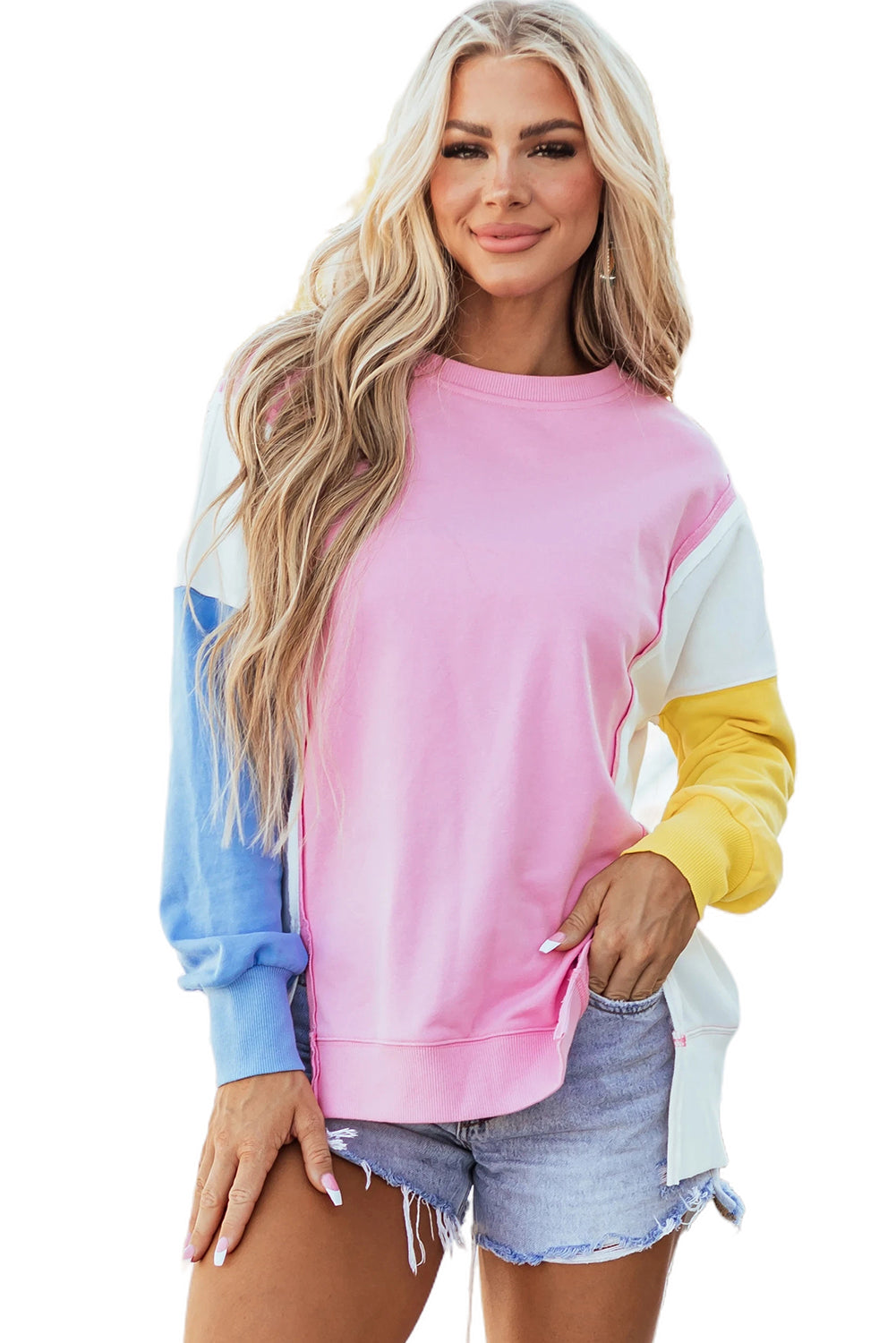 Block Exposed Seam Side Slits Crewneck Sweatshirt