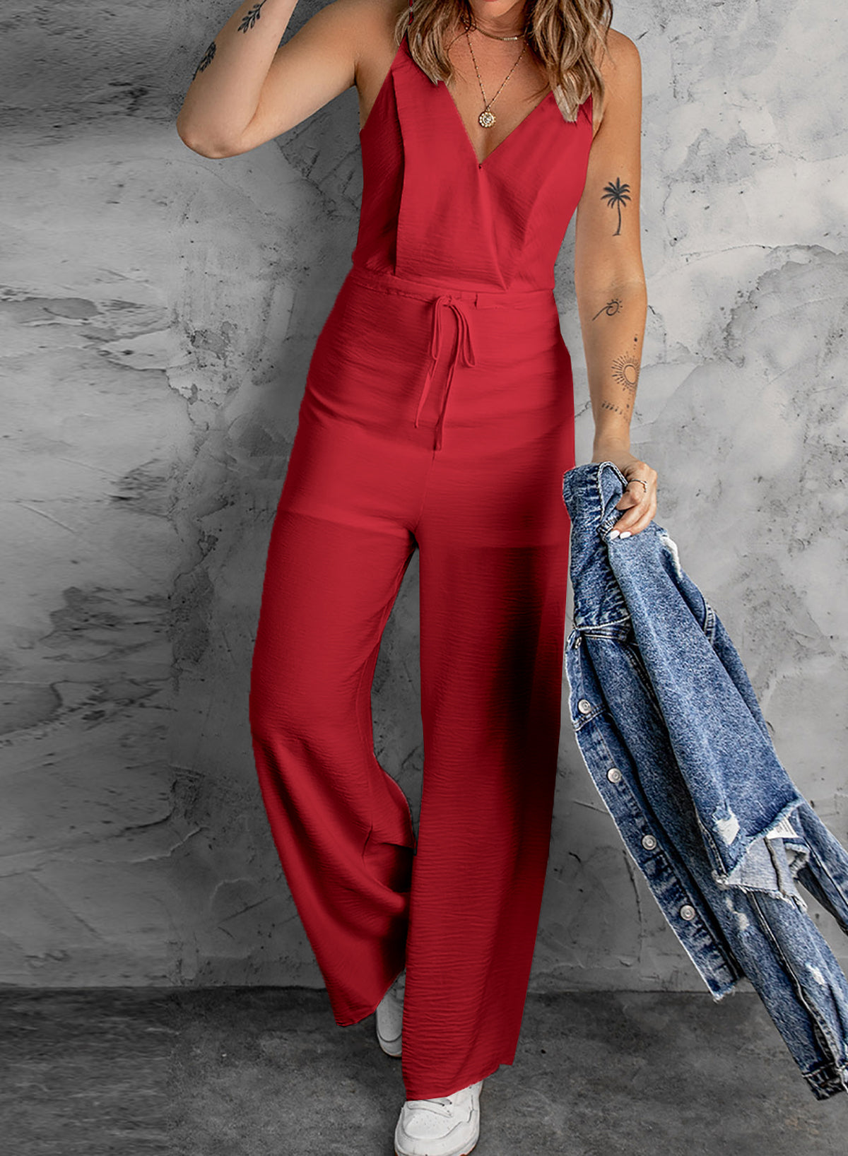 Solid Spaghetti Strap Wide Leg Drawstring High Waist Jumpsuit