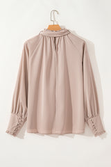 Khaki Frilled Knotted Mock Neck Bishop Sleeve Blouse