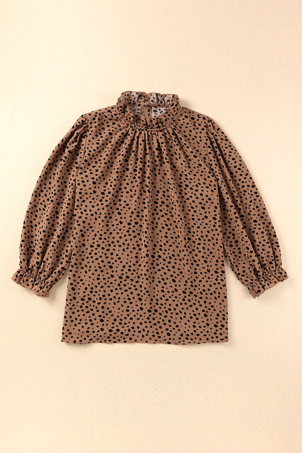 Khaki Frilled Neck 3/4 Sleeves Cheetah Blouse