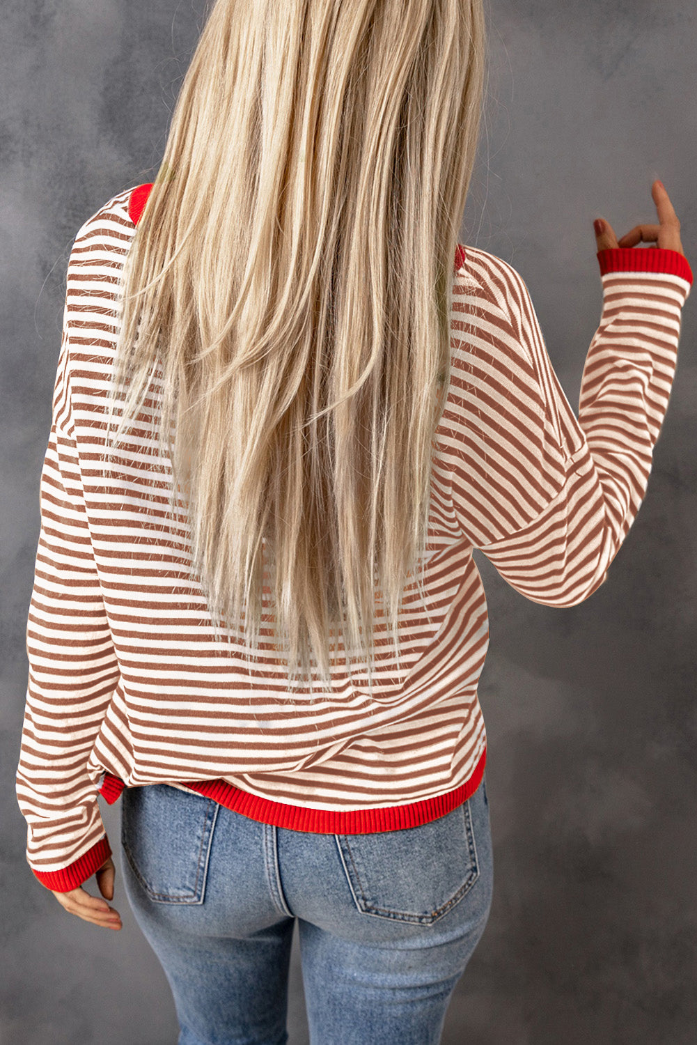 Contrast Trimmed Striped Drop Shoulder Sweater