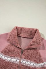 Rose Pink Sherpa Patchwork Lace Elastic Cuff Zip Up Jacket