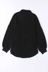 Black Waffle Knit Button Up Casual Shirt