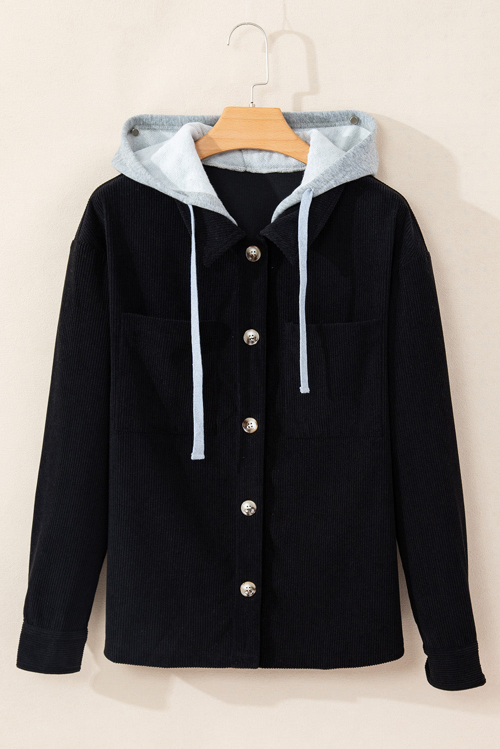 Hooded Drawstring Pockets Corduroy Shacket