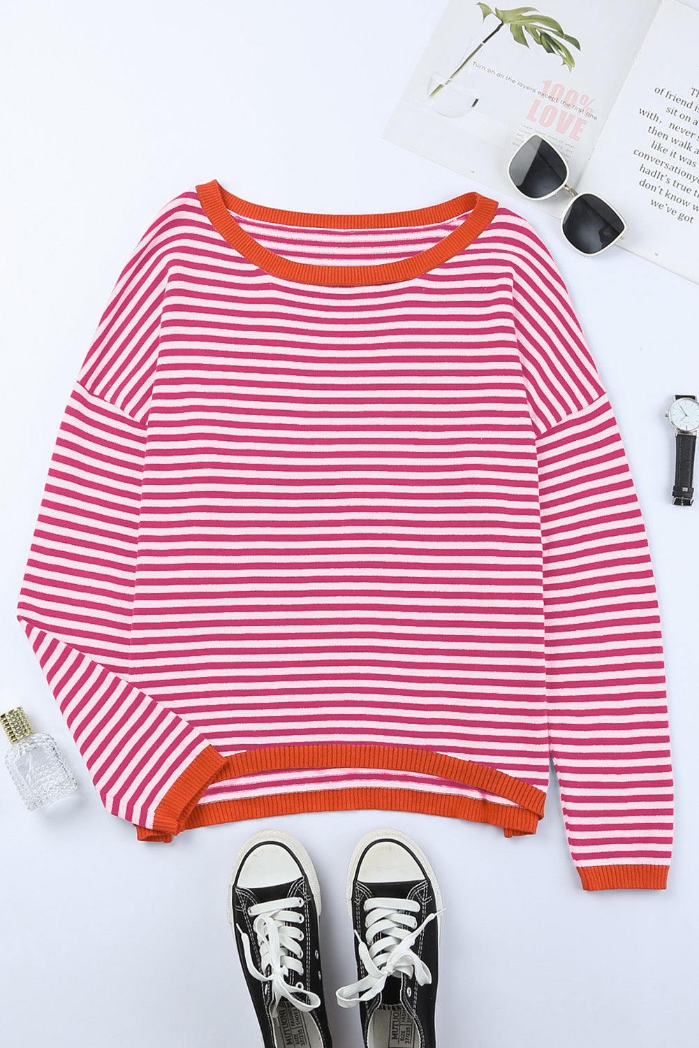 Contrast Trimmed Striped Drop Shoulder Sweater