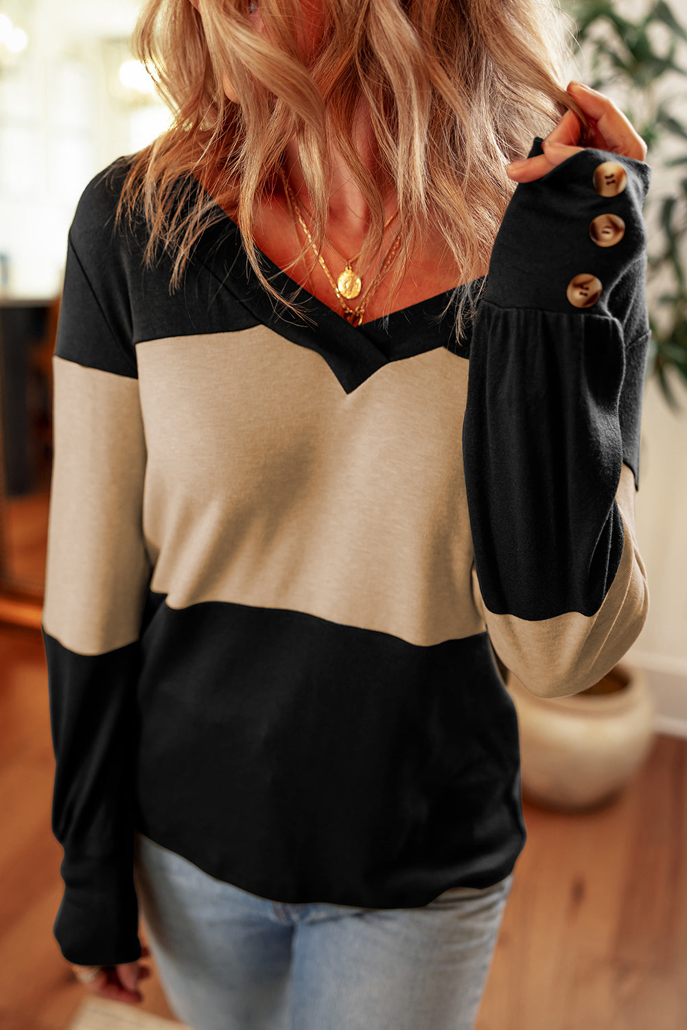 Stripe Colorblock Button Decor Long Sleeve V Neck Top