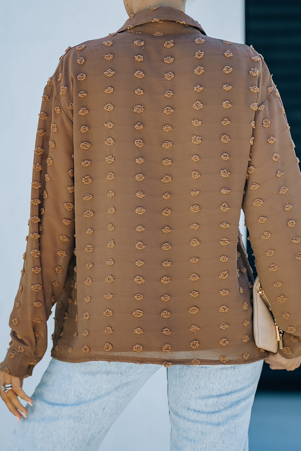 Brown Long Sleeve Button Fuzzy Polka Dot Shirt