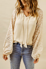 Beige Leopard Mesh Bubble Sleeve Split Neck Blouse