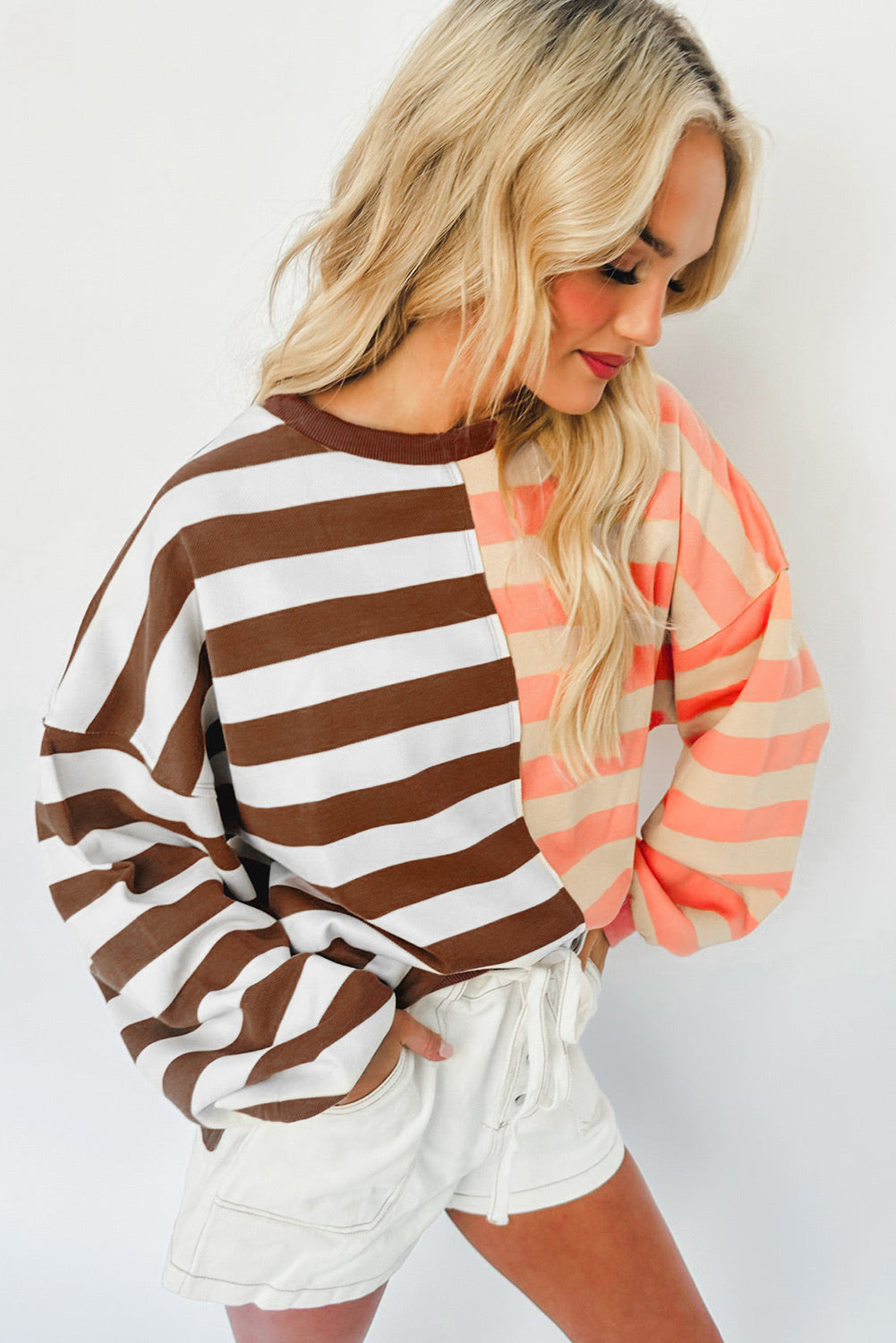 Stripe Color Block Drop Shoulder Pullover Sweatshirt