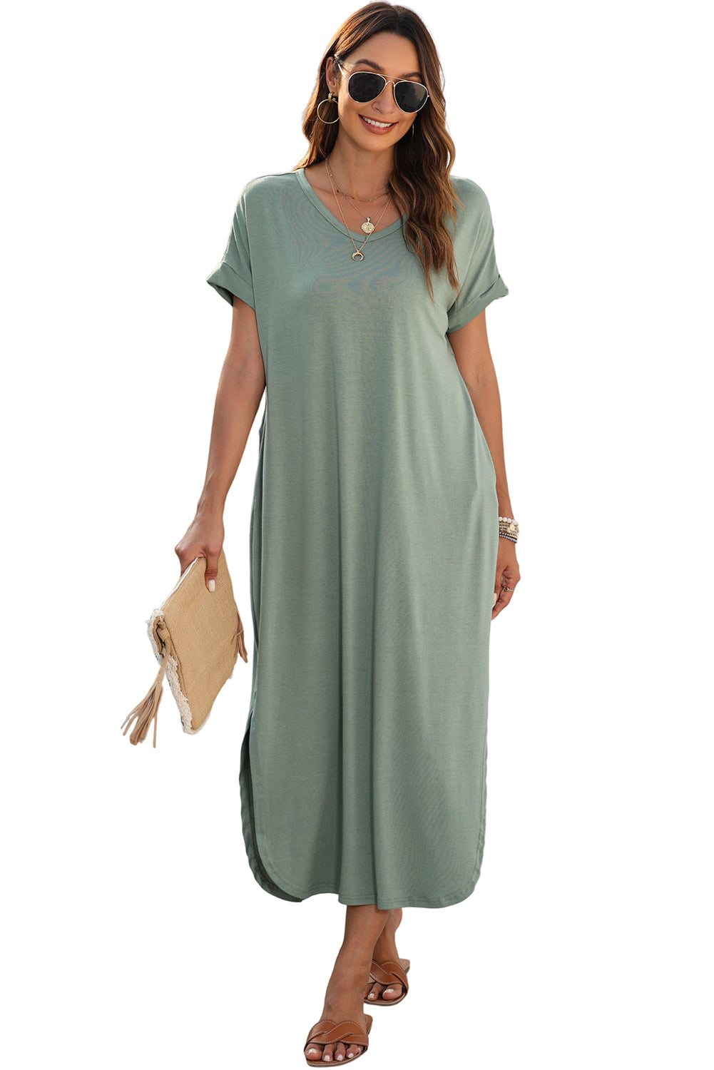 V Neck Hidden Pocket Splits Maxi Dress