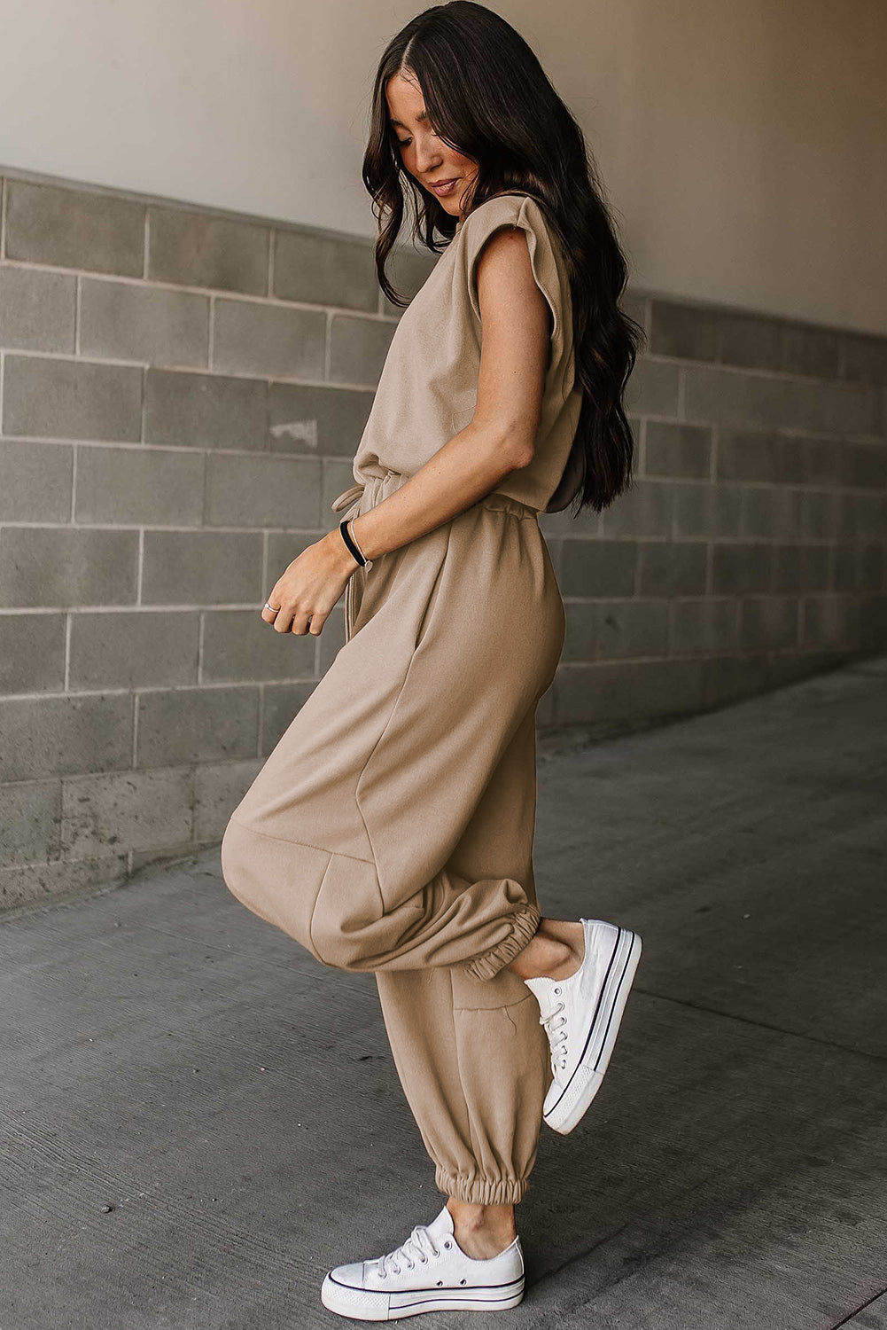 Multicolor Cap Sleeve Open Back Drawstring Jogger Jumpsuit