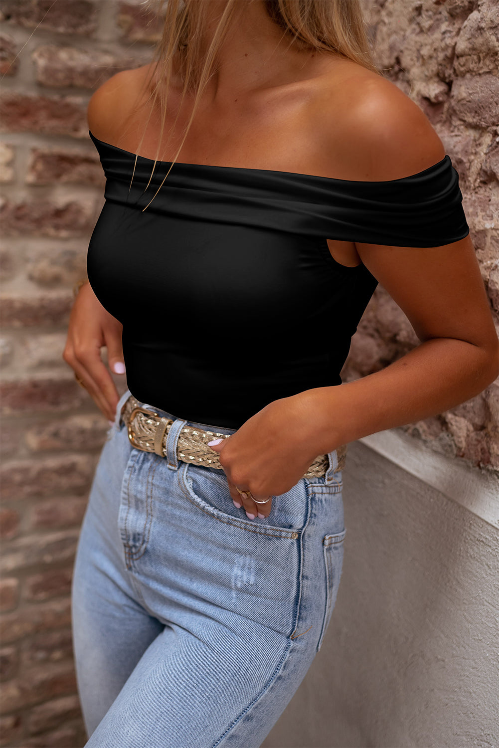 Solid Colo Folded Off Shoulder Slim Top