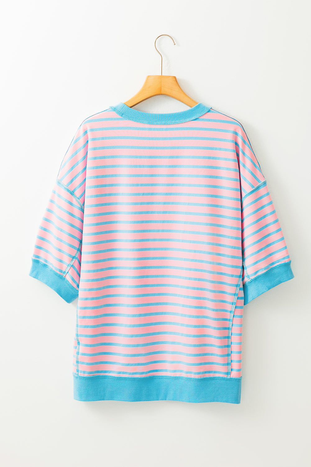 Sky Blue Stripe Oversized Contrast Trim Exposed Seam High Low T Shirt