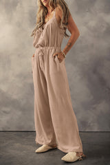 Women's Knotted Straps Button Textured Drawstring Jumpsuit