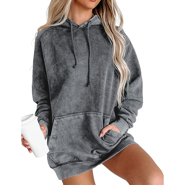 Gray Mineral Wash Kangaroo Pocket Drawstring Pullover Hoodie