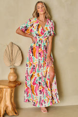 Pink Boho Tie-dye Print V Neck Maxi Dress