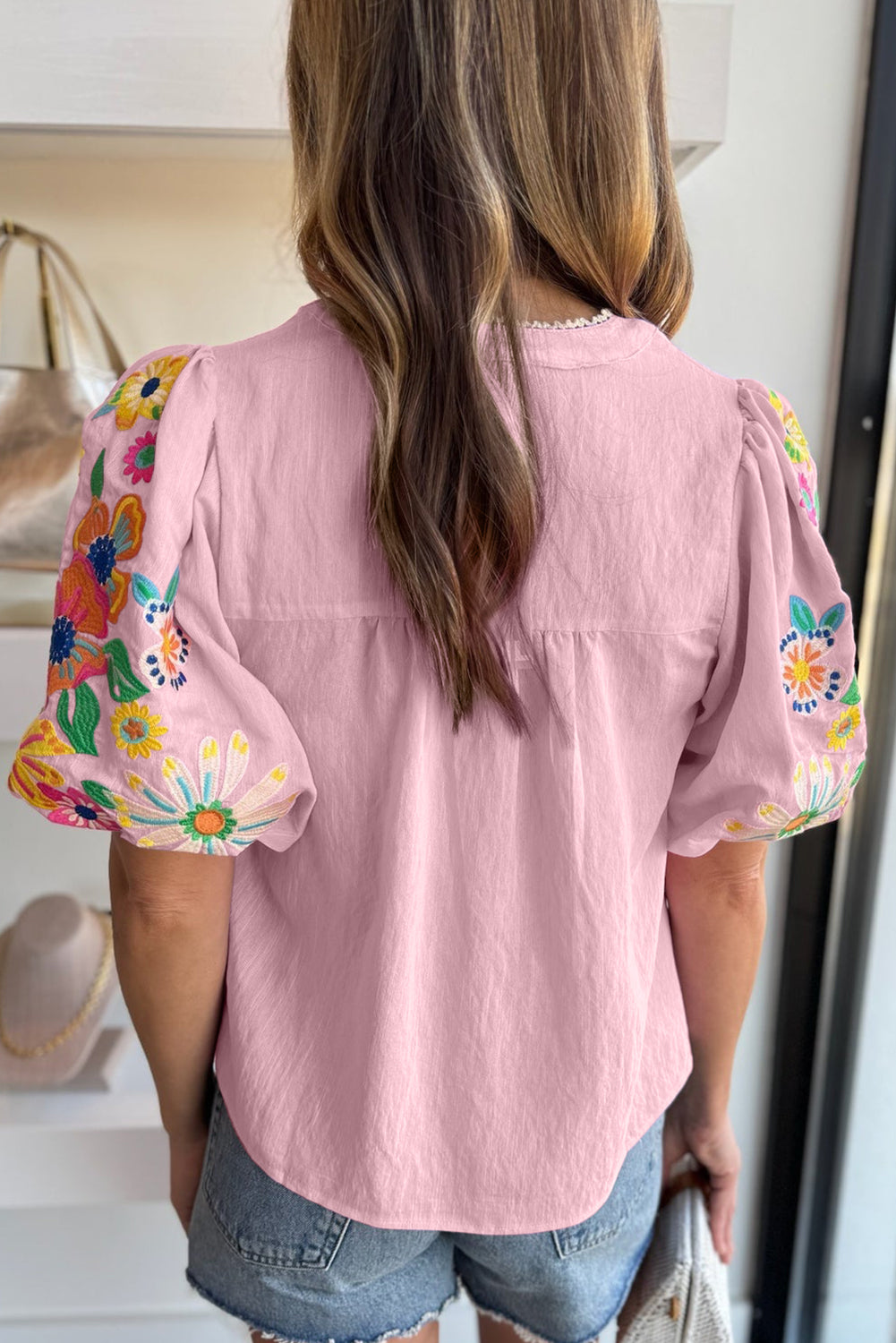 Floral Embroidered Puff Sleeve Split Neck Blouse