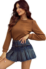 Apricot Quilted Buttoned Neckline Stand Neck Pullover Sweatshirt