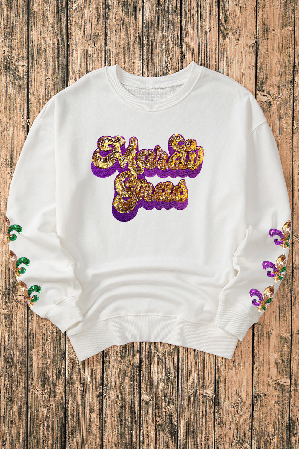 Beige Sequin Mardi Gras Patched Pattern Fleur de Lis Sleeve Sweatshirt