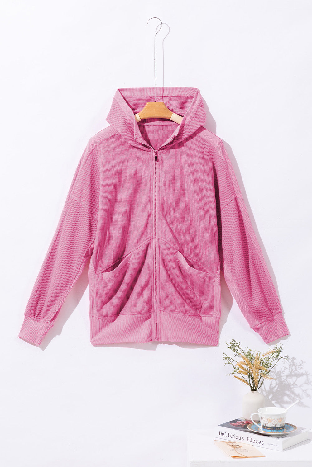 Thermal Waffle Knit Full Zipper Hooded Jacket