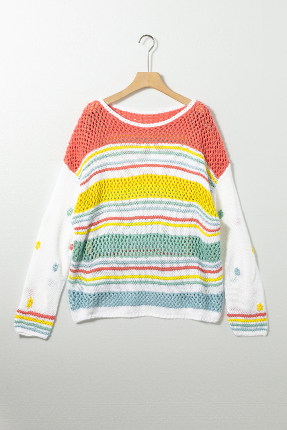 Multicolor Hollow Striped Knit Contrast Sleeve Sweater