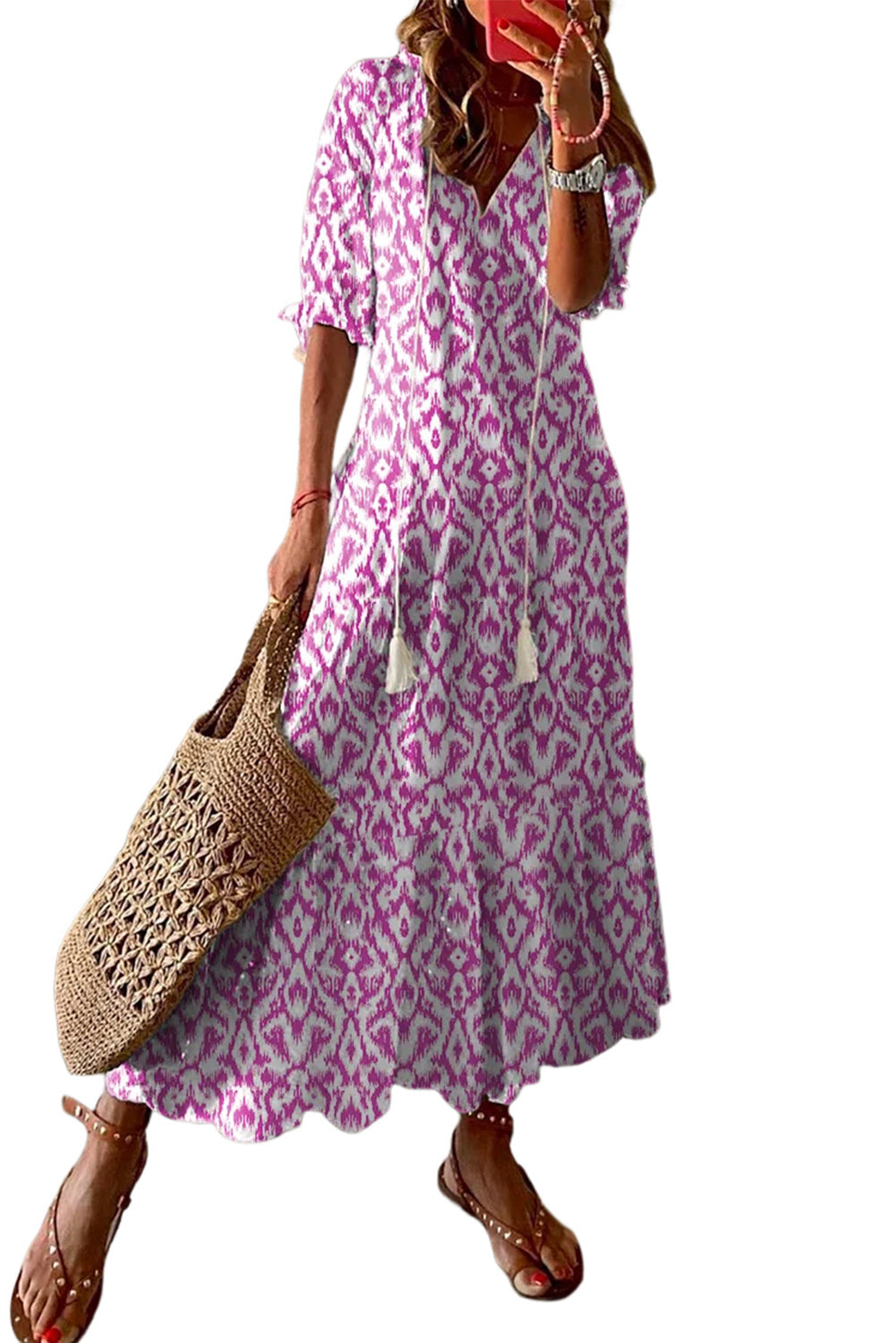 V Neck Casual Geometric Print Maxi Dress