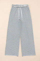 White Drawstring Striped Wide Leg Pants