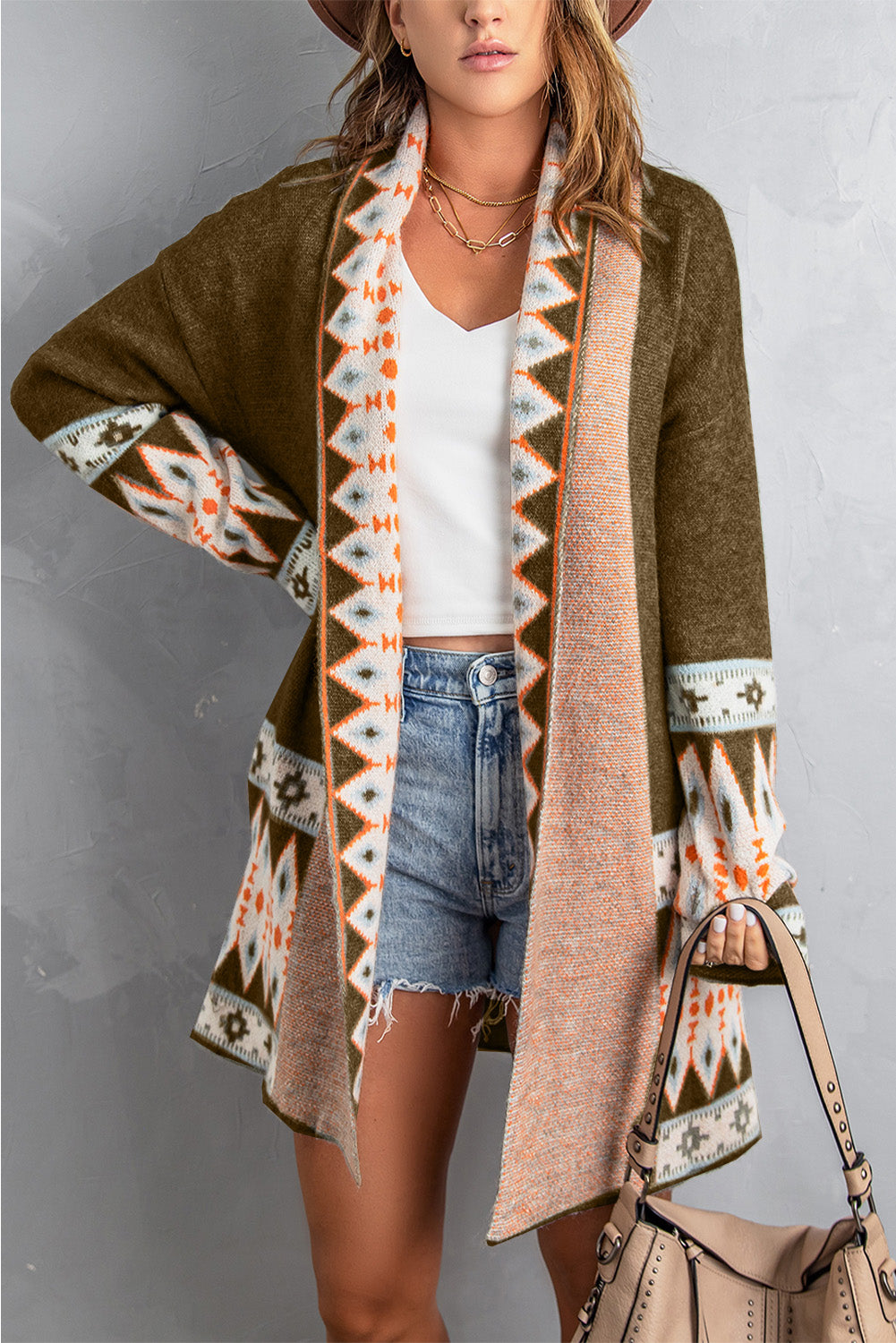 Brown Aztec Print Open Front Knitted Cardigan