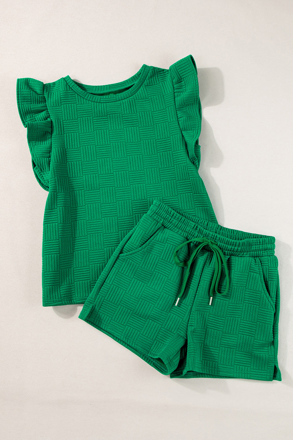 Bonbon Textured Ruffled Sleeve Tee and Drawstring Shorts Set