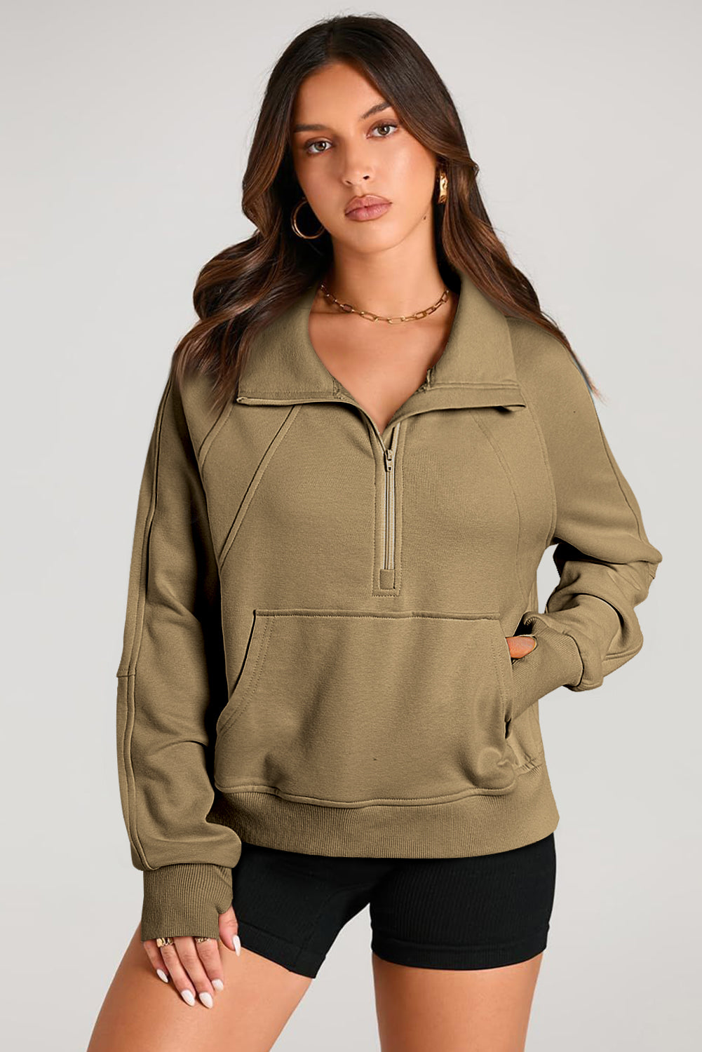 Solid Color Quarter Zip Stand Neck Kangaroo Pocket Sweatshirt