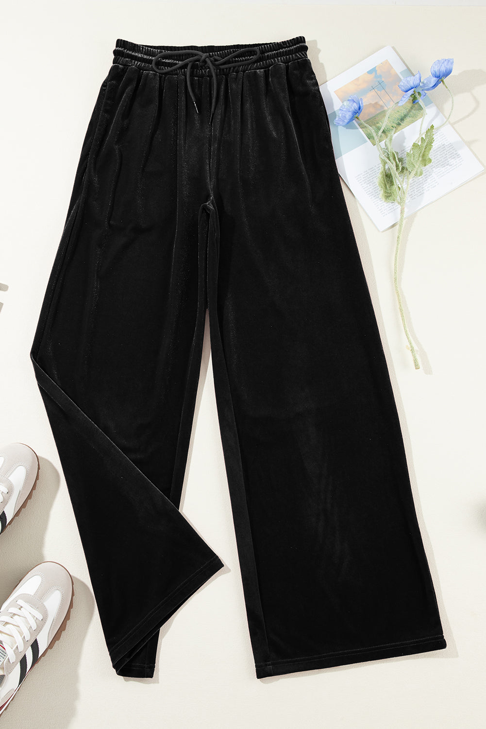 Solid Drawstring Waist Wide Leg Pants