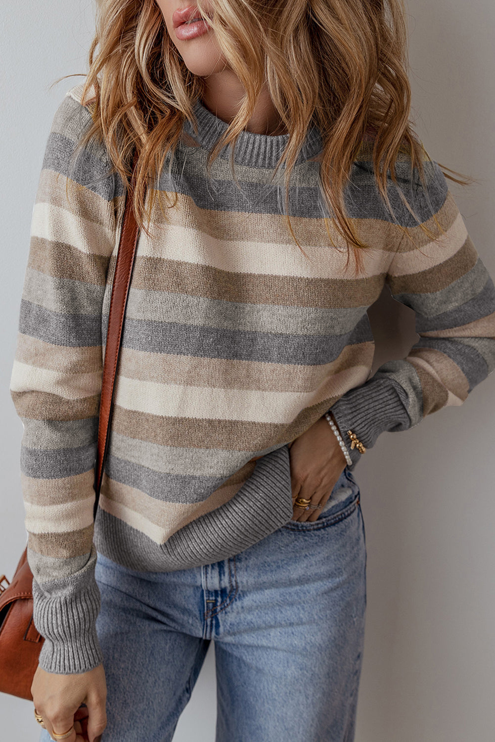 Color Block Ribbed Edge Round Neck Sweater