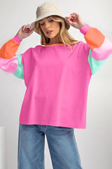 Dark Blue Colorblock Patchwork Long Sleeve Loose Top