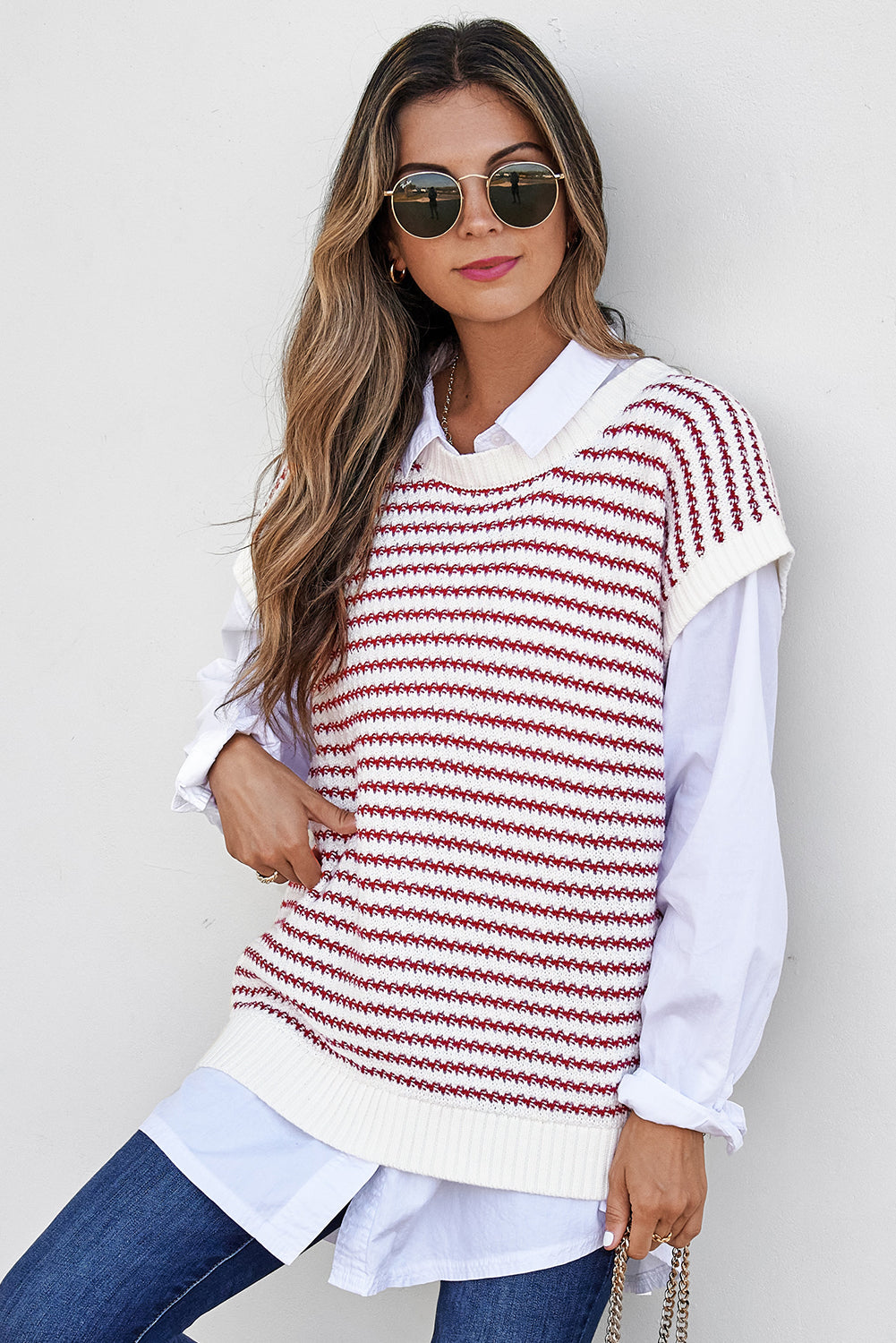 Stripe Ribbed Trim Loose Fit Knitted Sweater Vest