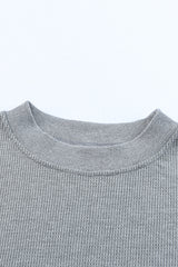 Gray Crew Neck Ribbed Trim Waffle Knit Top