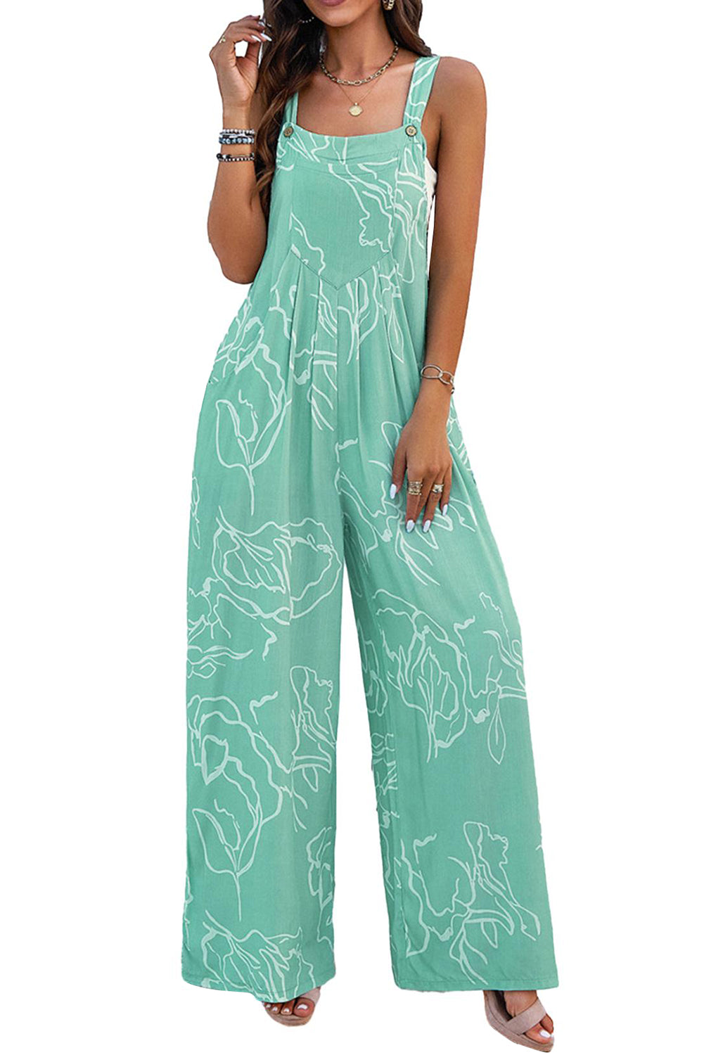 Moonlight Jade Printed Bib Wide Leg Overalls