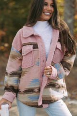 Pink Western Aztec Print Sherpa Splicing Buttoned Flap Pocket Coat