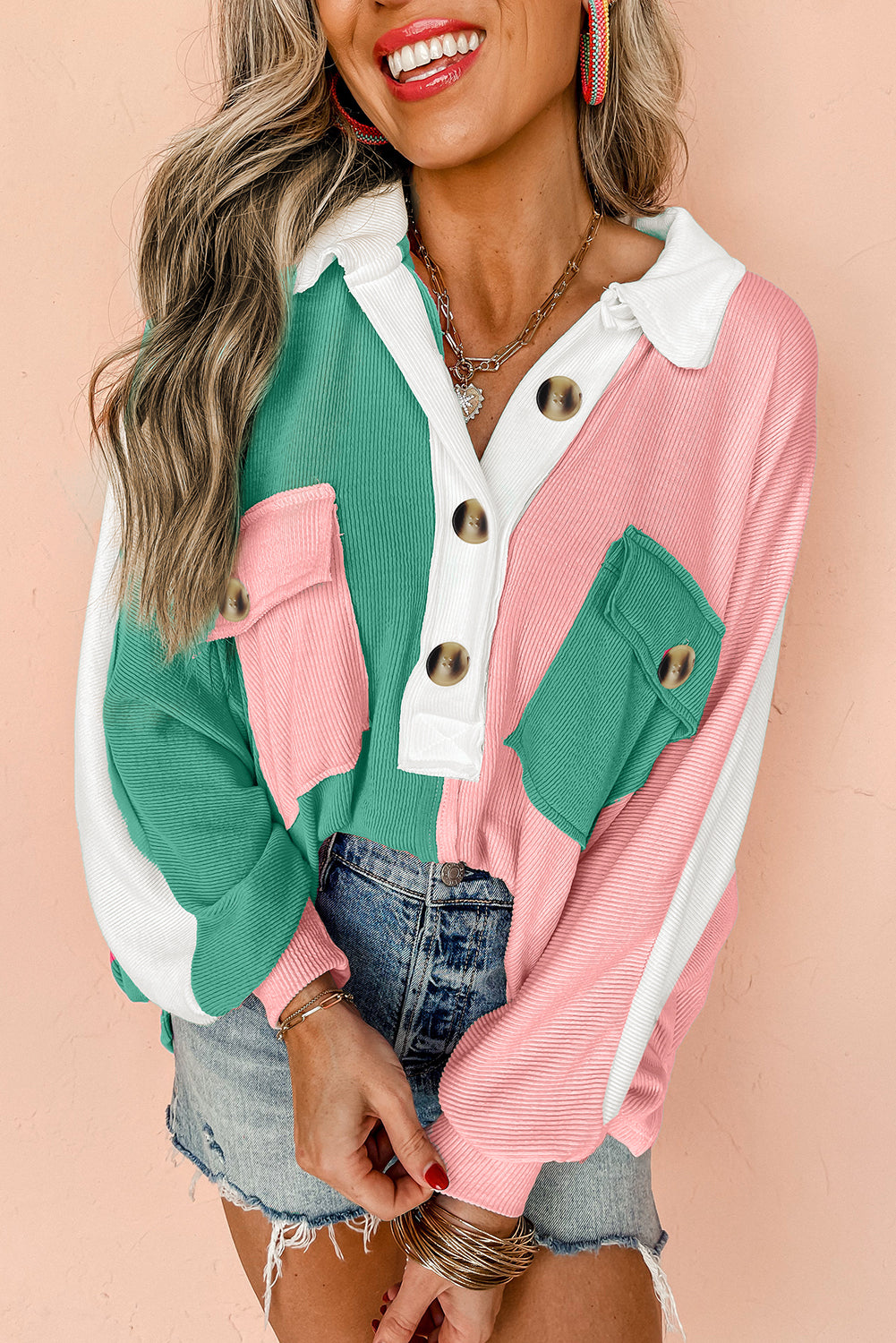 Women's Colorblock Ribbed Collared Oversized Sweatshirt