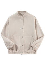 Beige Baseball Collar Snap Button Pocketed Bomber Jacket