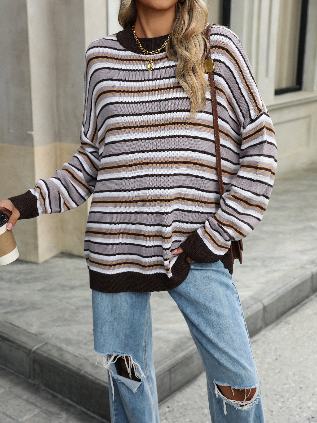 Striped Knitted Sweater Crew Neck Pullover Women