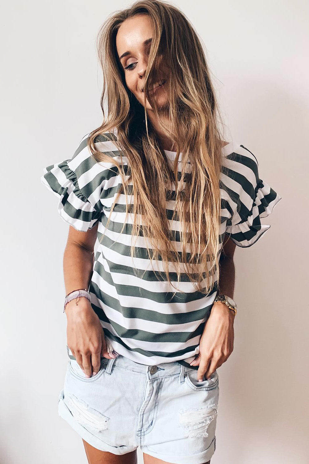 Women's Striped V Neck Ruffle Sleeve Top