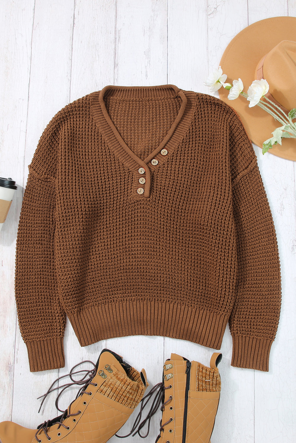 Khaki Pointelle Knit Button V Neck Drop Shoulder Sweater