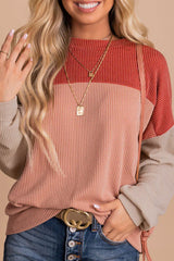 Red Color Block Long Sleeve Ribbed Loose Top