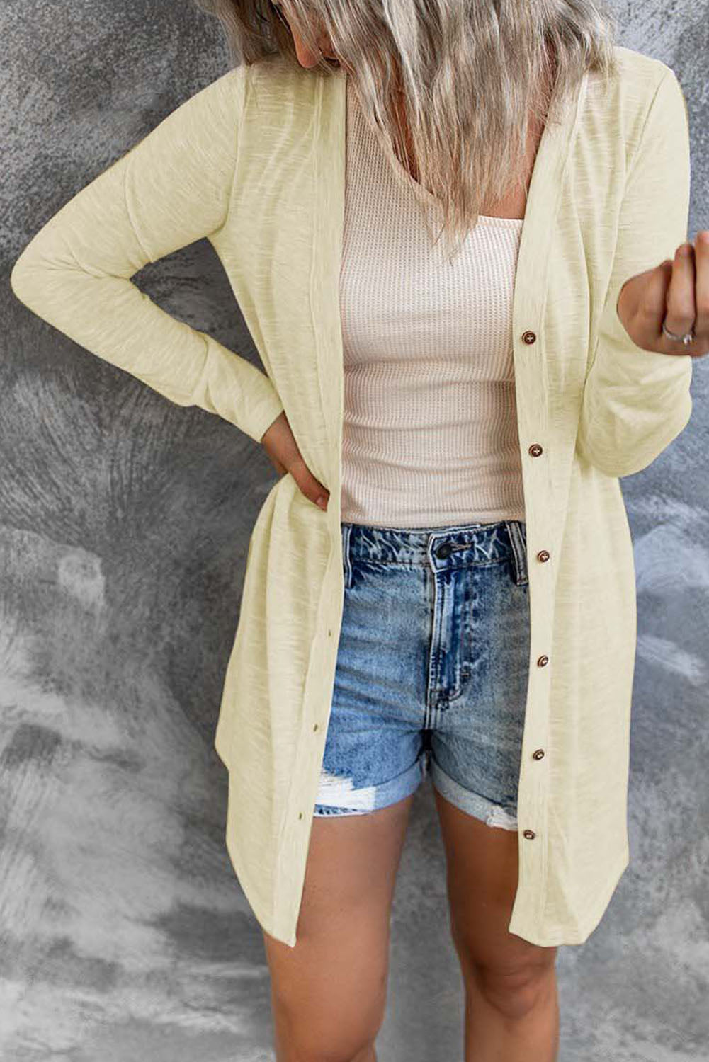 Solid Color Open-Front Buttons Cardigan