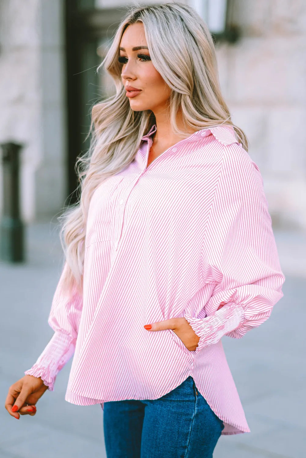 Smocked Cuffed Striped Boyfriend Shirt with Pocket